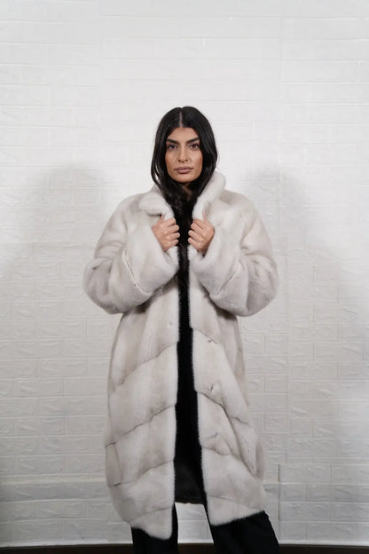 mink fur coat pearl natural — back view, long length, horizontal pelt rows — Greek craftsmanship, TatiFurs

