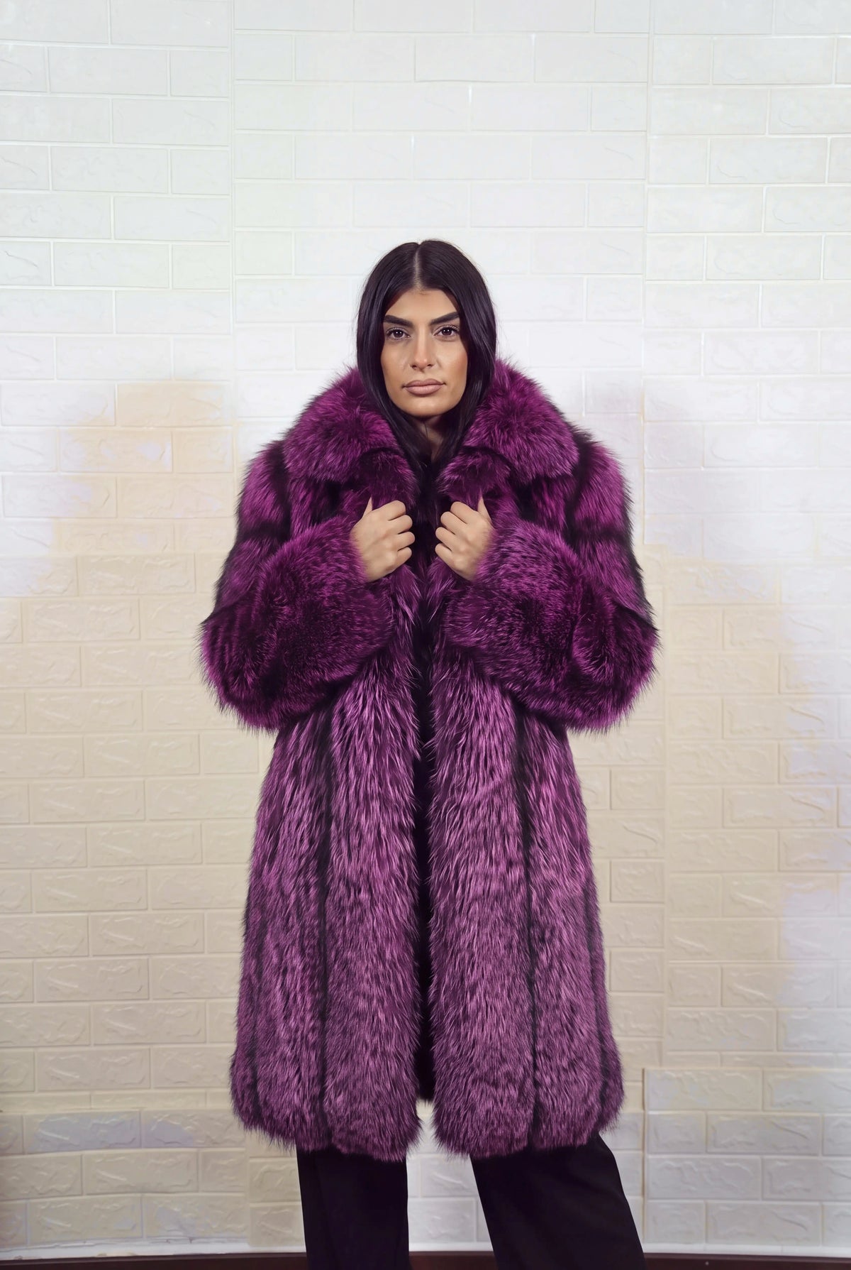 fox fur coat long purple black front view with both hands on the fur collar showing deep violet over jet black fox fur — TatiFurs