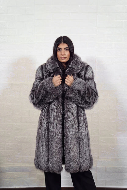 fox fur coat long silver natural front view with both hands on the fur collar showing natural silver fox, black base with silver-white tips fox fur — TatiFurs