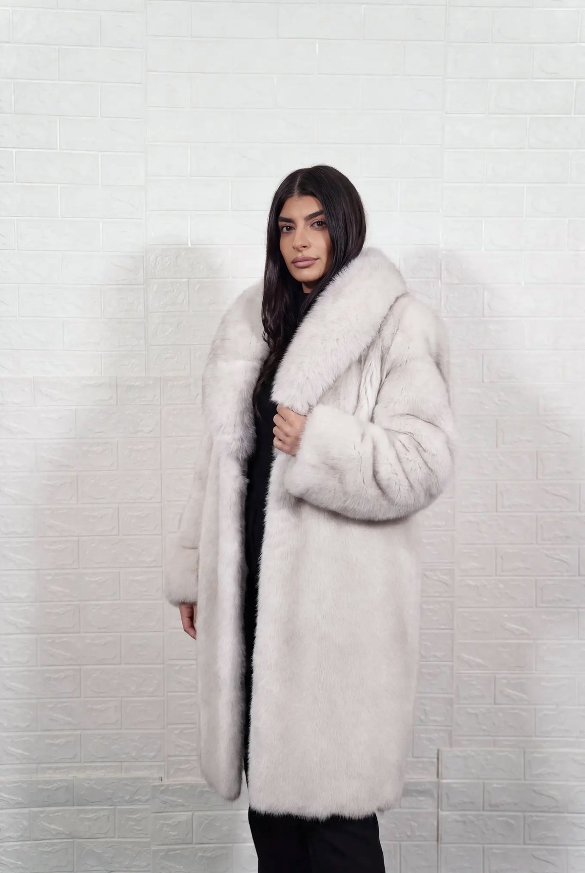 fox fur coat long blue natural three-quarter view with the fur collar turned up displaying long silhouette in natural blue fox, ivory-white underfur with a soft blue-grey veil at the tips fox fur — TatiFurs
