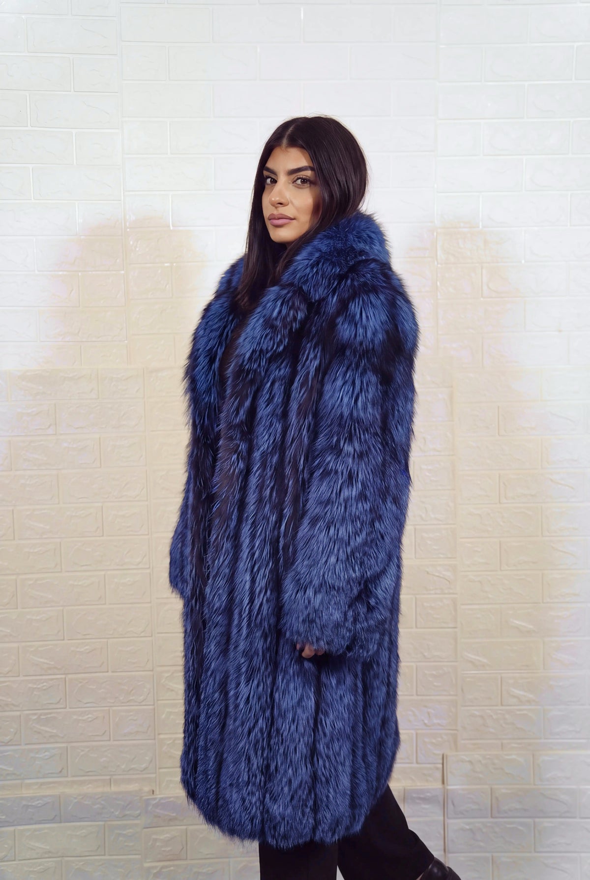 fox fur coat long blue black Saga Royal full skin long — front view, hands in pockets, TatiFurs