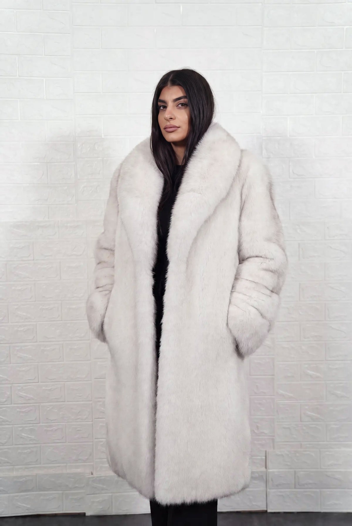 fox fur coat long blue natural three-quarter view displaying long coat and natural blue fox, ivory-white underfur with a soft blue-grey veil at the tips fox fur pile depth — TatiFurs