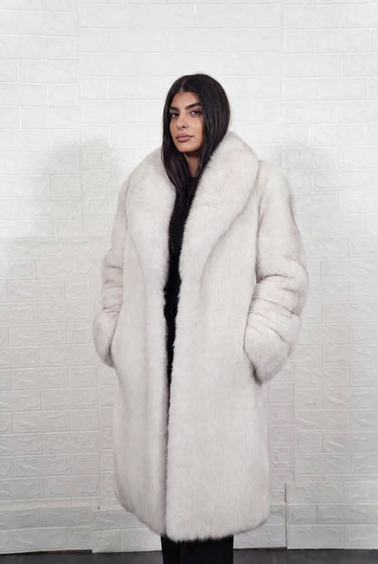 fox fur coat long blue natural three-quarter view displaying long coat and natural blue fox, ivory-white underfur with a soft blue-grey veil at the tips fox fur pile depth — TatiFurs
