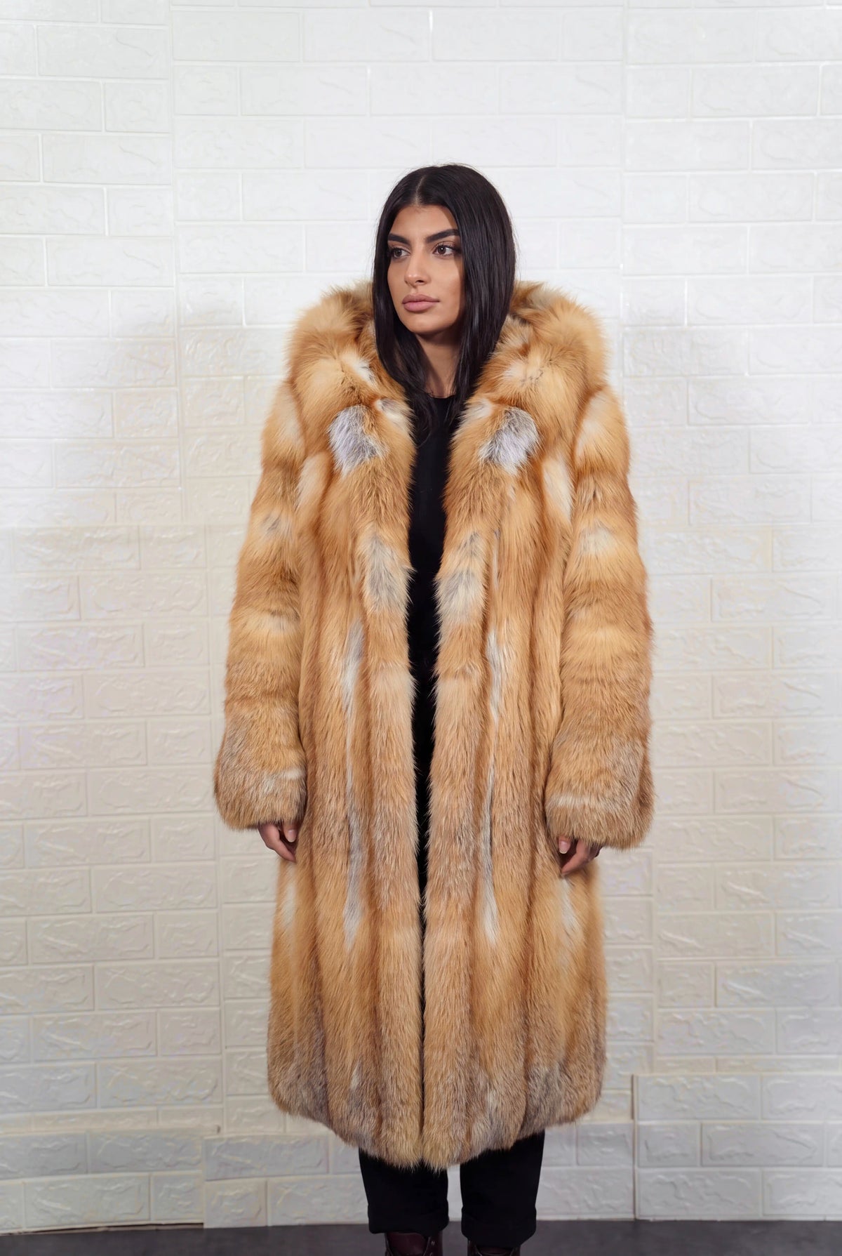 fox fur coat long golden natural Saga Royal full skin long — front view, hood down, TatiFurs