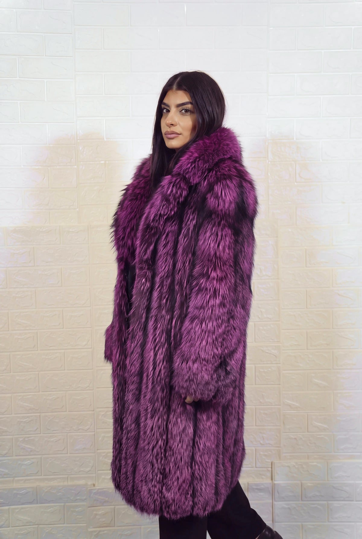 fox fur coat long purple black Saga Royal full skin long — front view, hands in pockets, TatiFurs