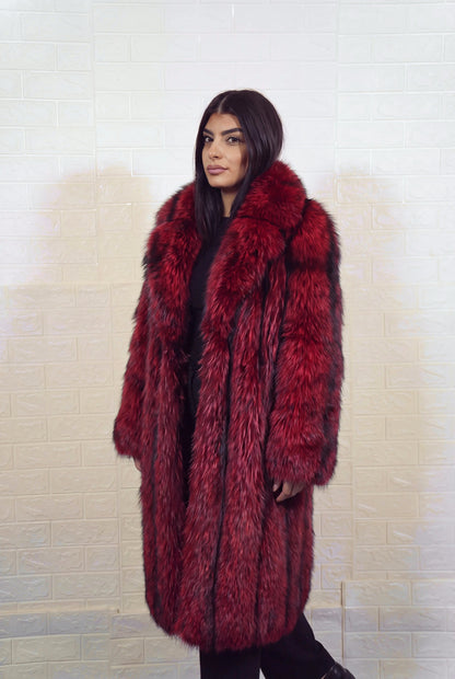 fox fur coat long red black Saga Royal full skin long — front view, hands in pockets, TatiFurs