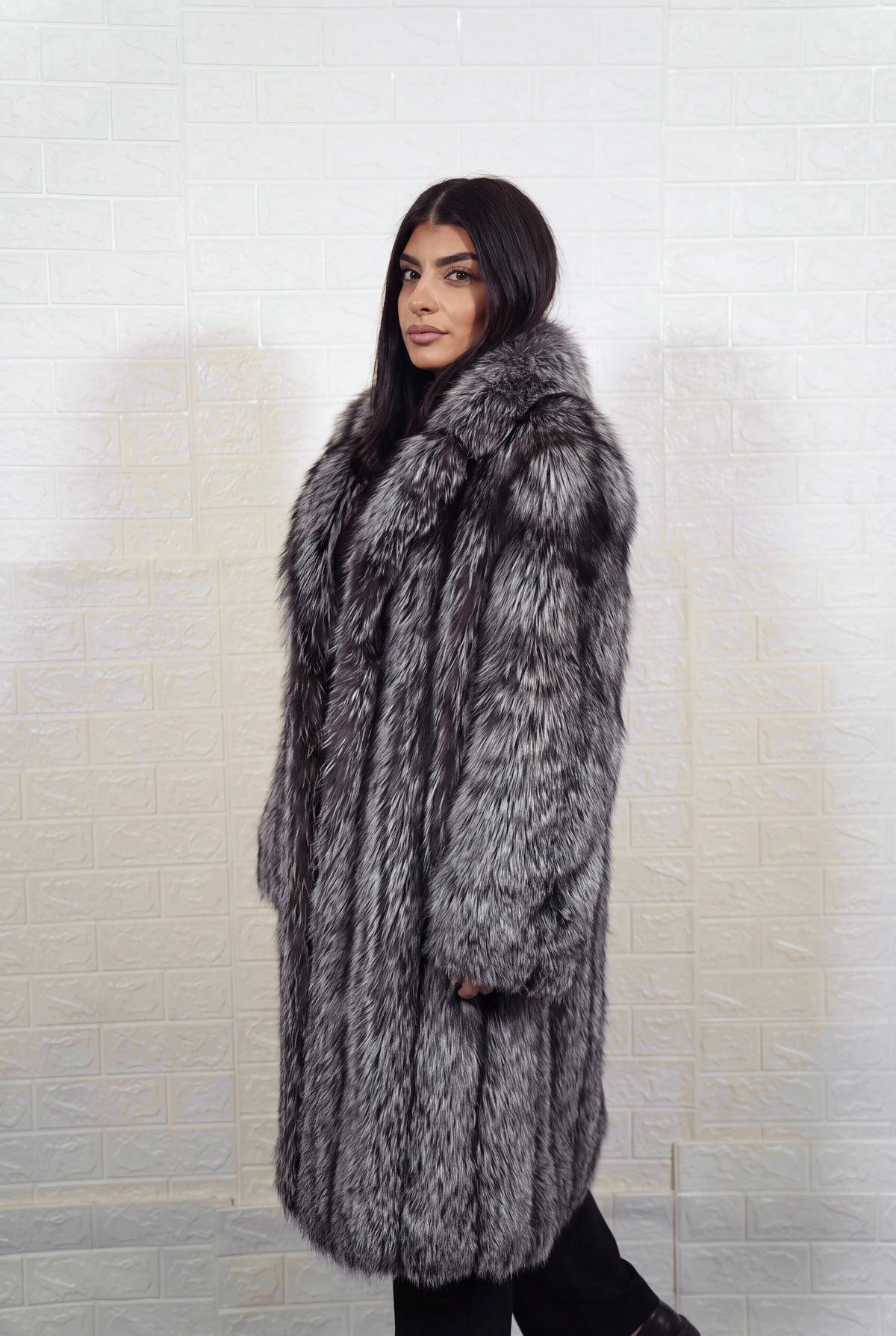 fox fur coat long silver natural Saga Royal full skin long — front view, hands in pockets, TatiFurs