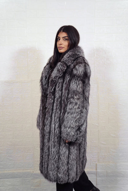 fox fur coat long silver natural Saga Royal full skin long — front view, hands in pockets, TatiFurs