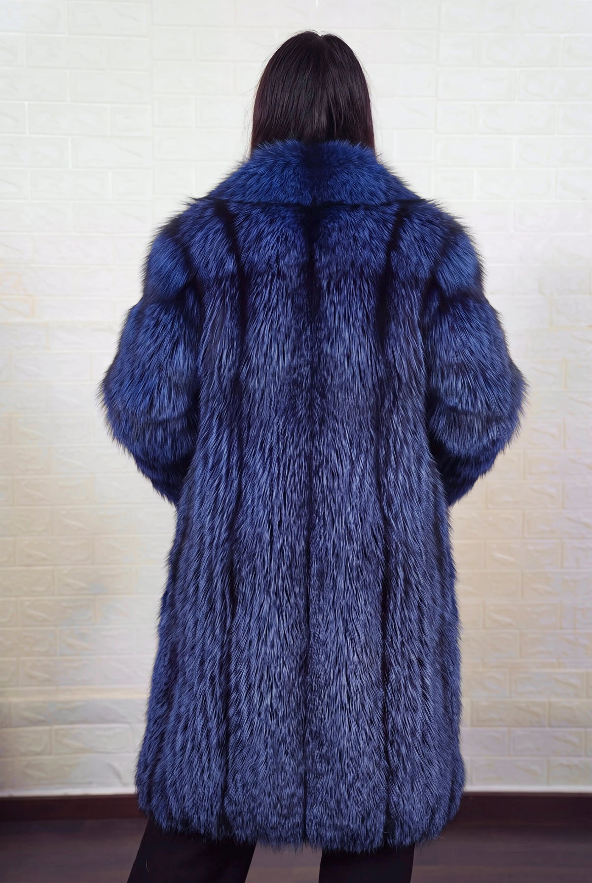 fox fur coat long blue black shown from the back displaying full long silhouette and consistent electric blue over jet black pile — Greek craftsmanship, TatiFurs