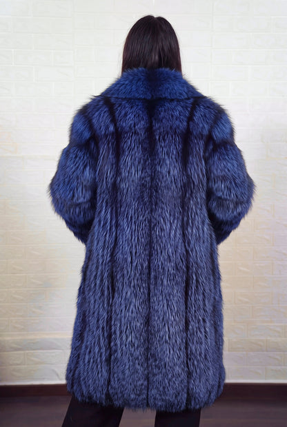 fox fur coat long blue black shown from the back displaying full long silhouette and consistent electric blue over jet black pile — Greek craftsmanship, TatiFurs