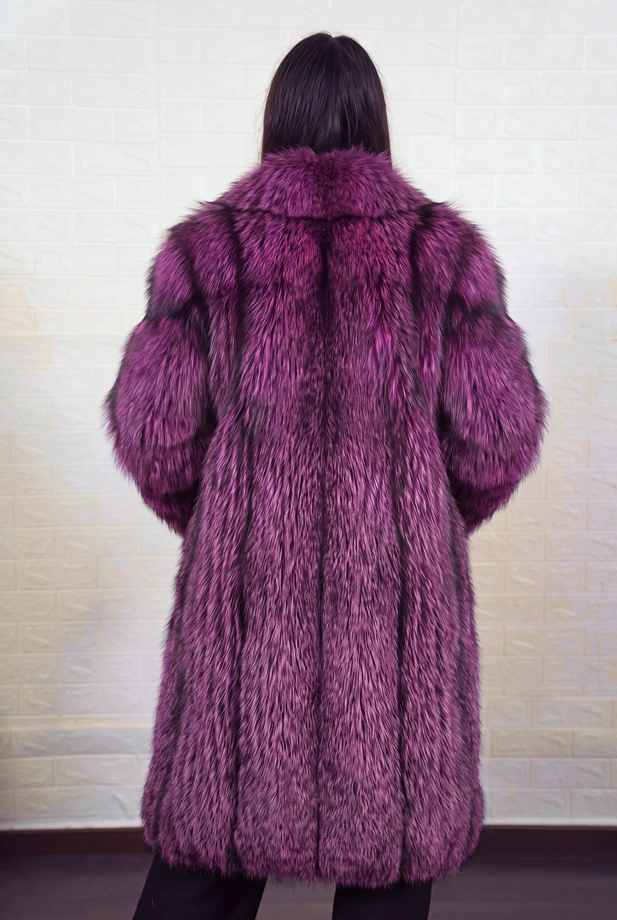 fox fur coat long purple black shown from the back displaying full long silhouette and consistent deep violet over jet black pile — Greek craftsmanship, TatiFurs