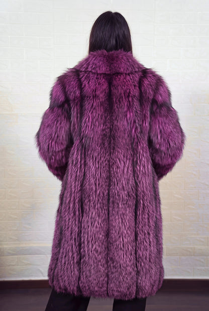 fox fur coat long purple black shown from the back displaying full long silhouette and consistent deep violet over jet black pile — Greek craftsmanship, TatiFurs