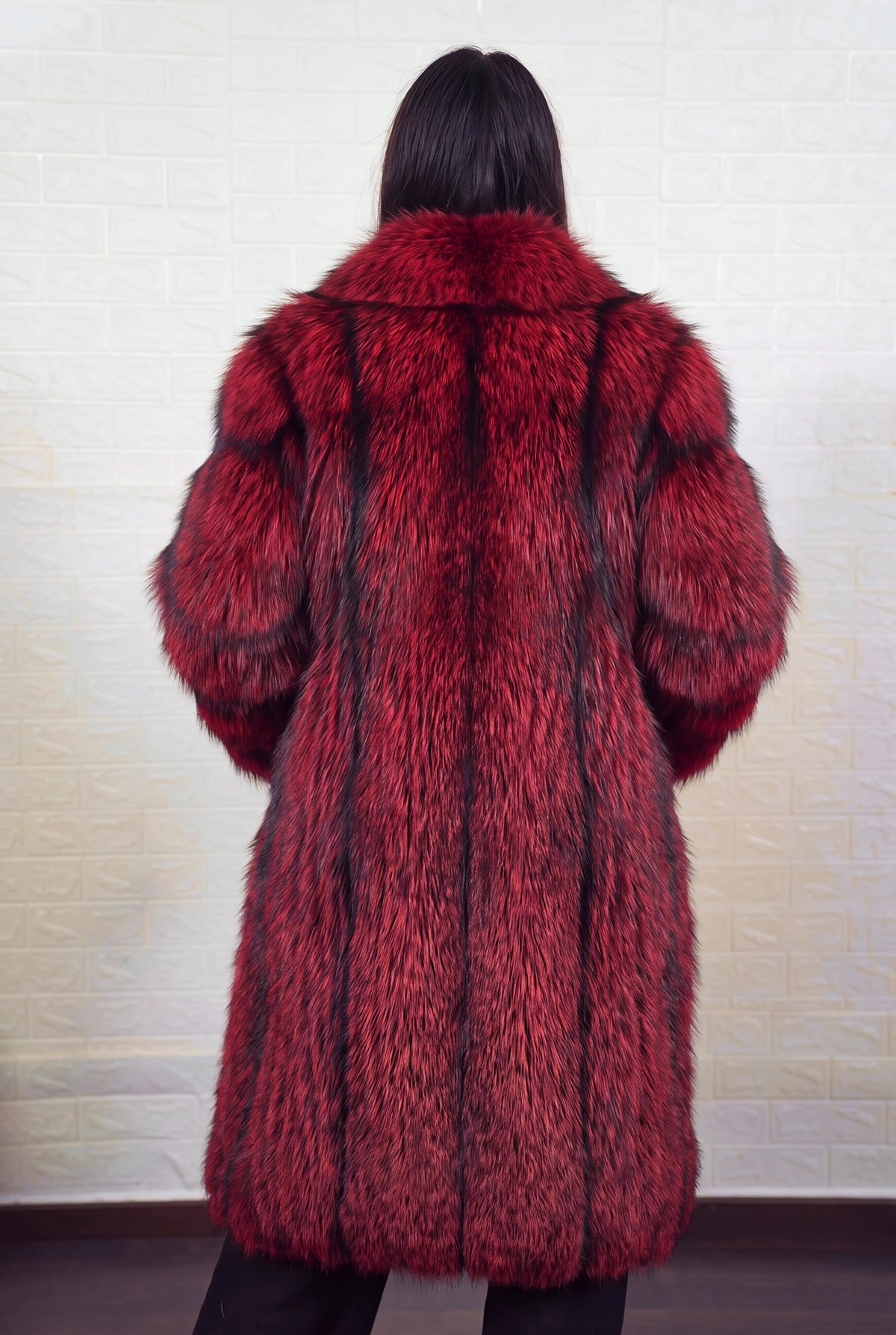 fox fur coat long red black shown from the back displaying full long silhouette and consistent deep crimson over jet black pile — Greek craftsmanship, TatiFurs