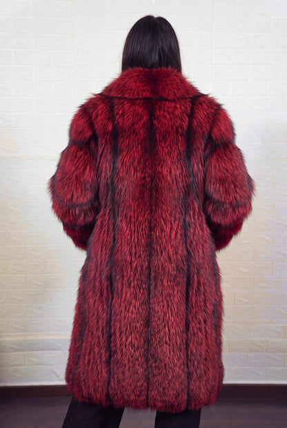fox fur coat long red black shown from the back displaying full long silhouette and consistent deep crimson over jet black pile — Greek craftsmanship, TatiFurs