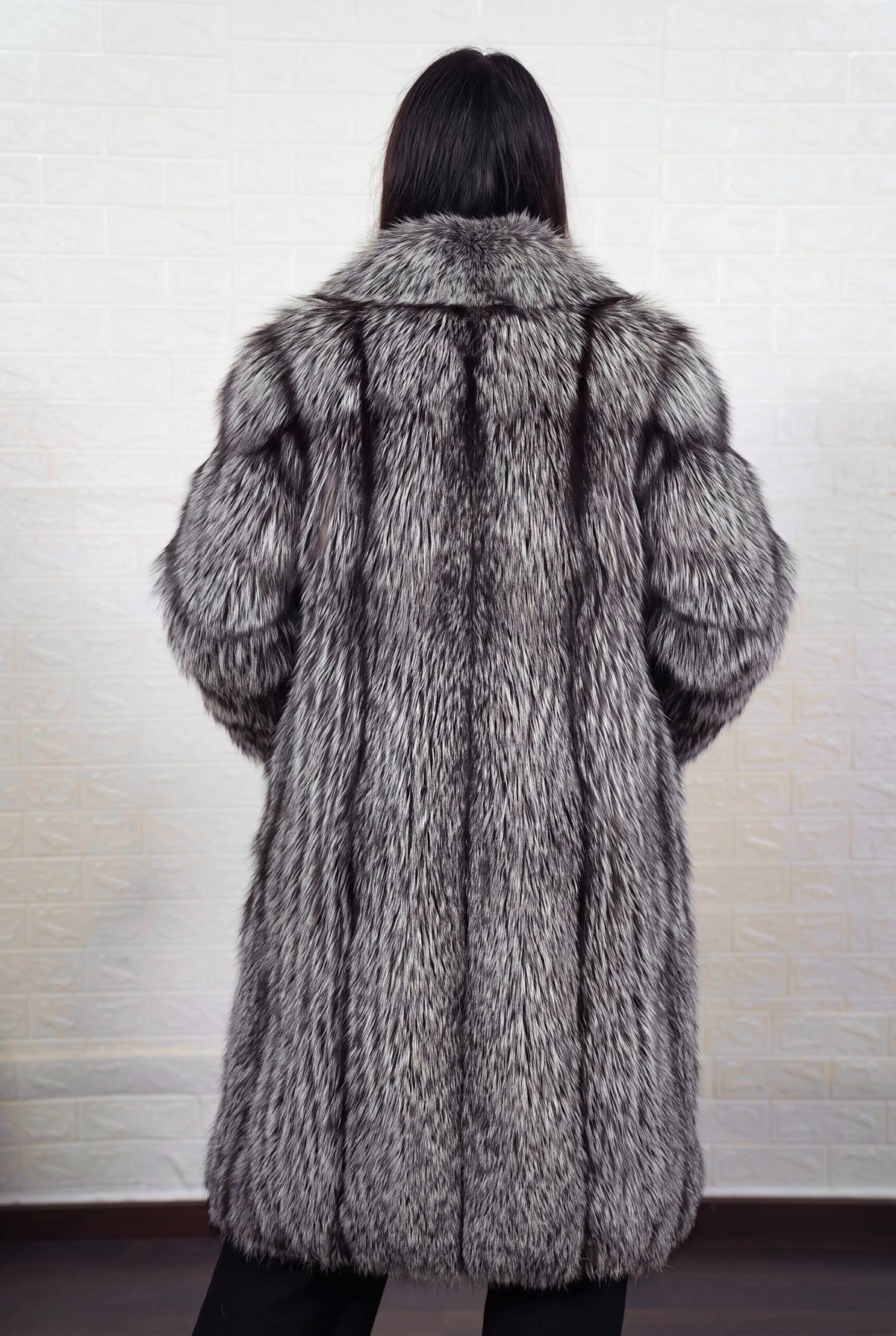 fox fur coat long silver natural shown from the back displaying full long silhouette and consistent natural silver fox, black base with silver-white tips pile — Greek craftsmanship, TatiFurs