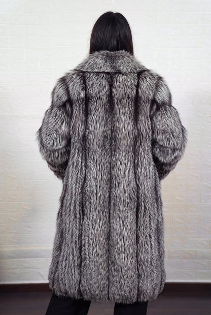 fox fur coat long silver natural shown from the back displaying full long silhouette and consistent natural silver fox, black base with silver-white tips pile — Greek craftsmanship, TatiFurs