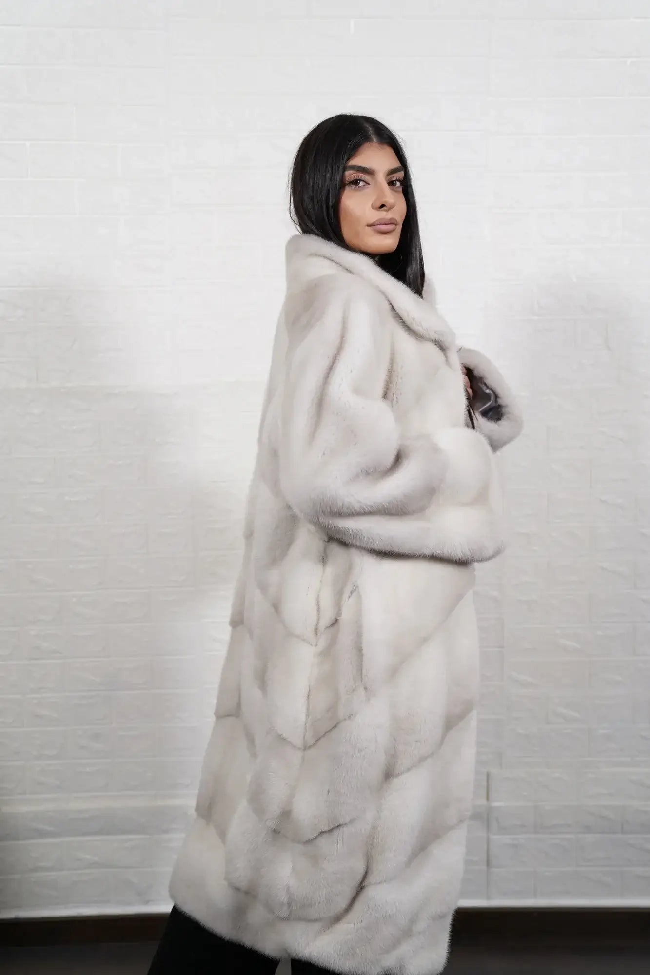 mink fur coat pearl natural — worn over cream silk blouse, luminous tonal layering — Greek craftsmanship, TatiFurs
