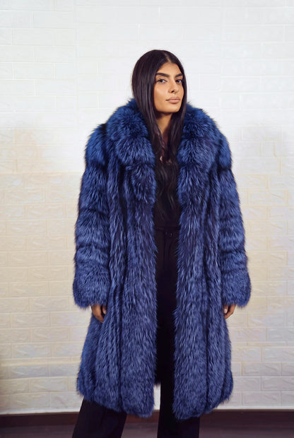 fox fur coat long blue black side view with the fur collar turned up showing long coat and electric blue over jet black fox fur — Greek craftsmanship, TatiFurs