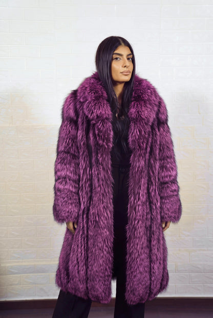 fox fur coat long purple black side view with the fur collar turned up showing long coat and deep violet over jet black fox fur — Greek craftsmanship, TatiFurs