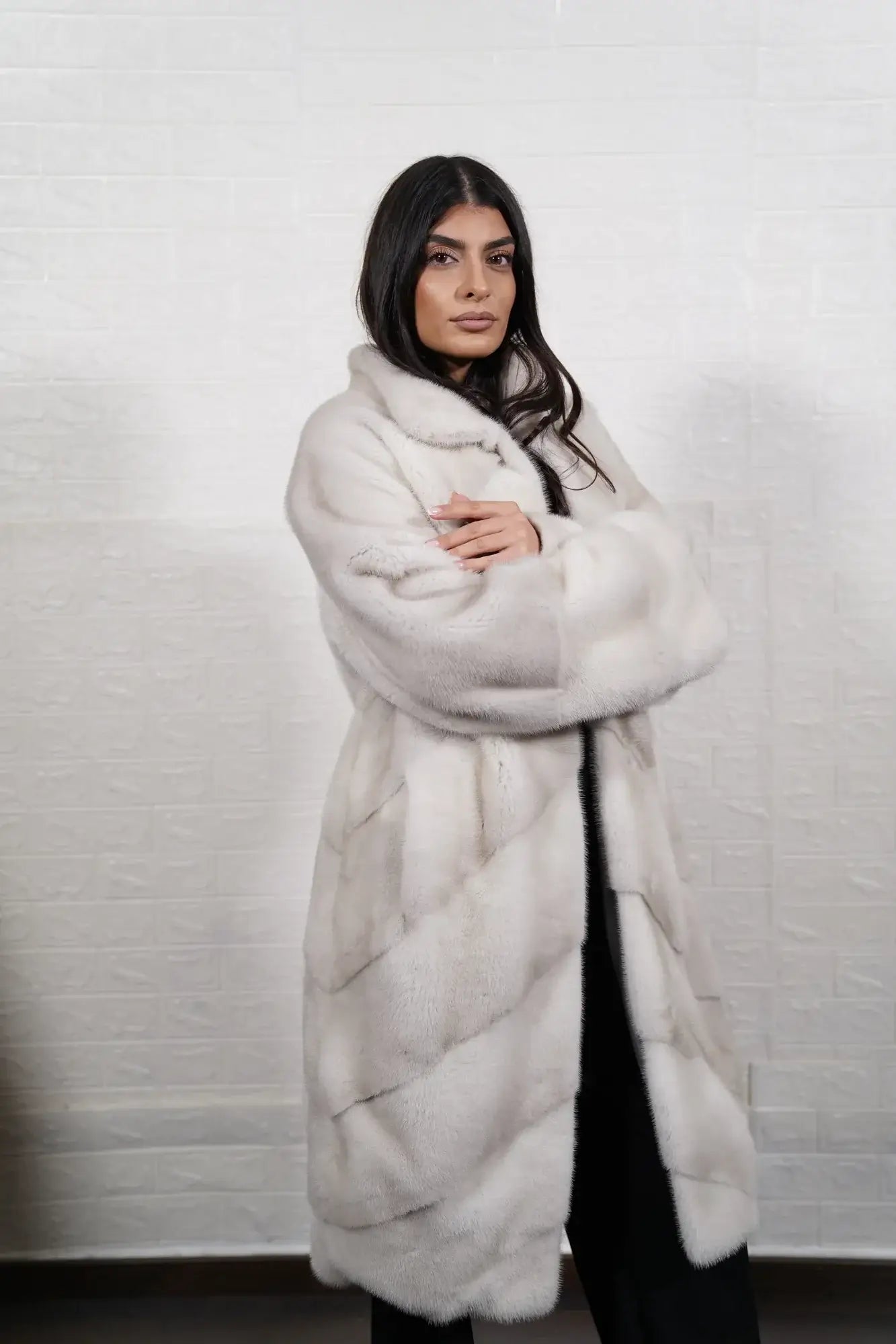 mink fur coat pearl natural — full skin horizontal construction, collared, long length, front view — Greek craftsmanship, TatiFurs
