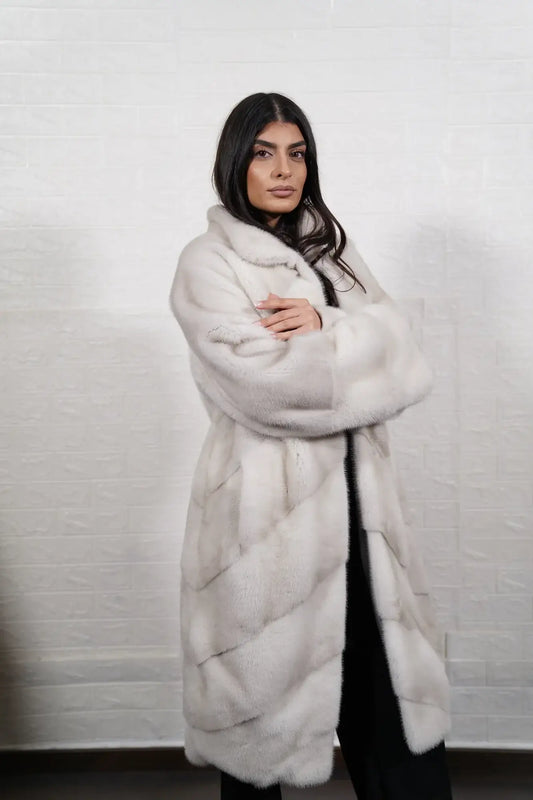 mink fur coat pearl natural — full skin horizontal construction, collared, long length, front view — Greek craftsmanship, TatiFurs
