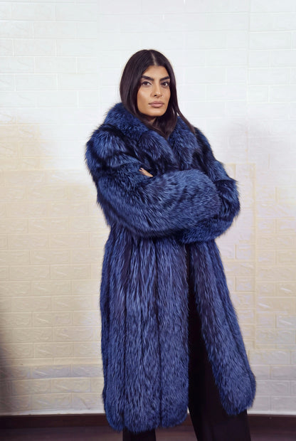fox fur coat long blue black front view with arms crossed displaying long coat and electric blue over jet black fox fur pile depth — TatiFurs