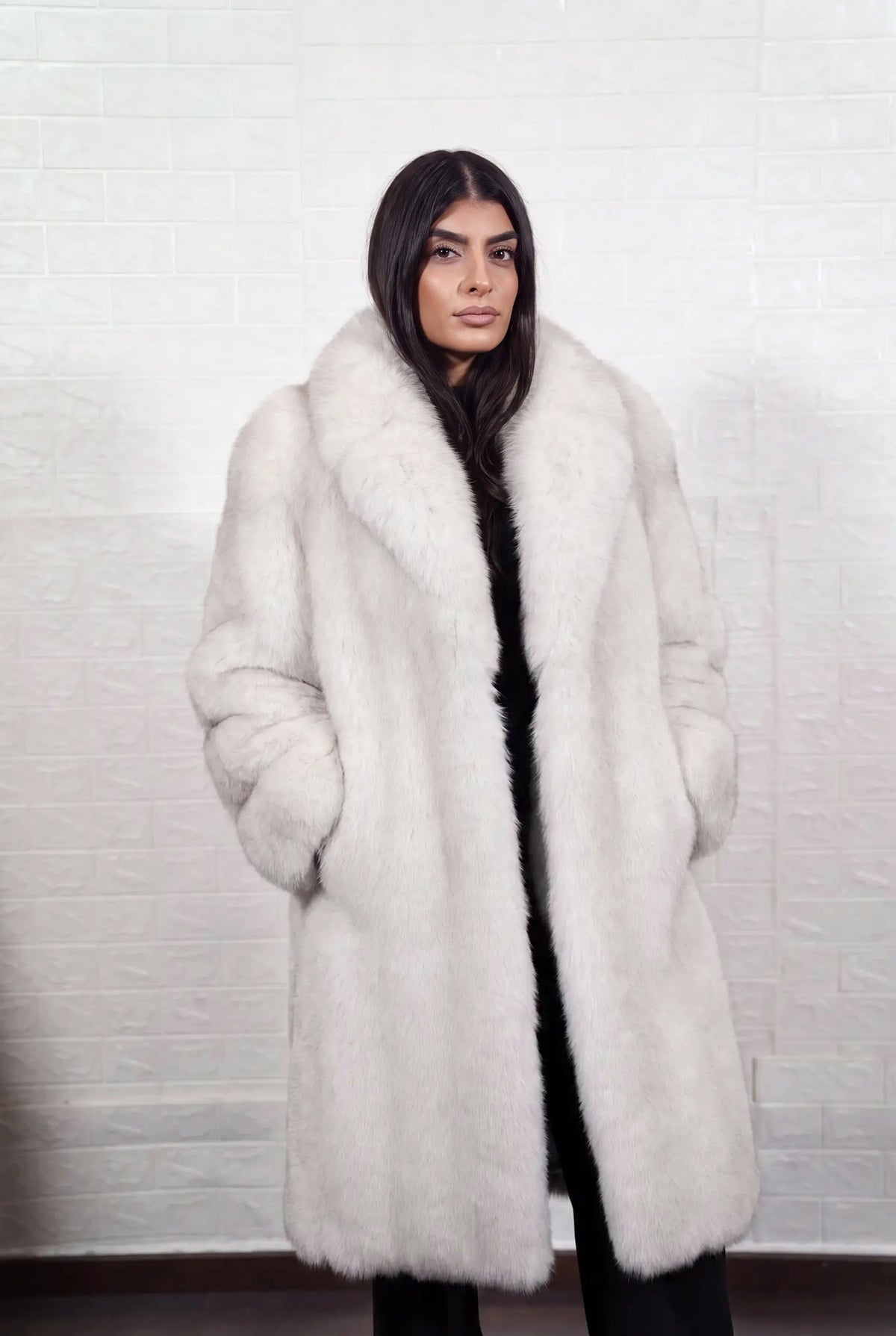 fox fur coat long blue natural Saga Royal full skin long — front view, hands in pockets, TatiFurs