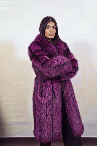 fox fur coat long purple black front view with arms crossed displaying long coat and deep violet over jet black fox fur pile depth — TatiFurs