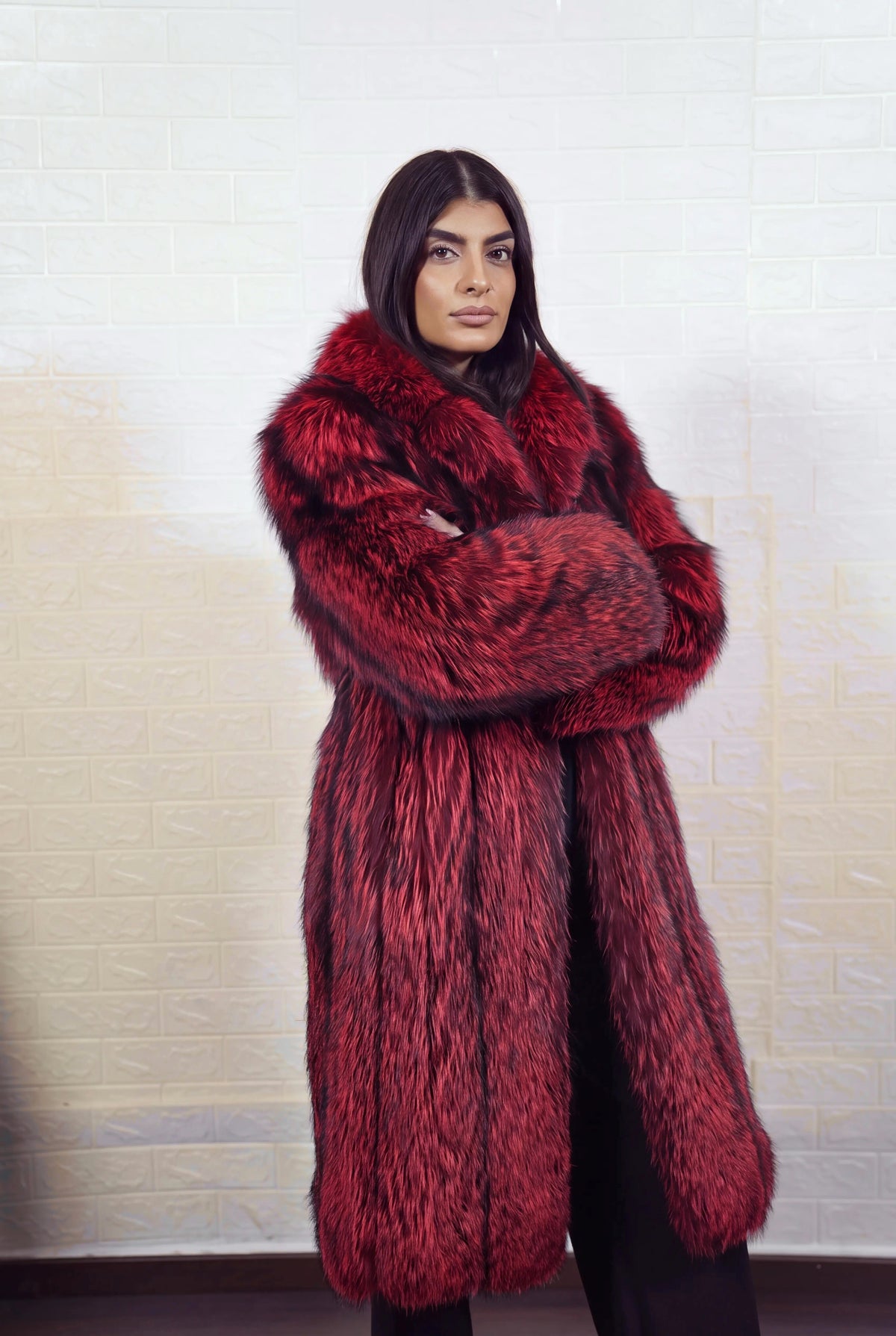 fox fur coat long red black front view with arms crossed displaying long coat and deep crimson over jet black fox fur pile depth — TatiFurs