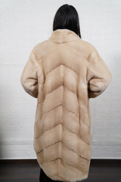 mink fur coat beige palomino — back view, long length, horizontal pelt rows — Greek craftsmanship, TatiFurs
