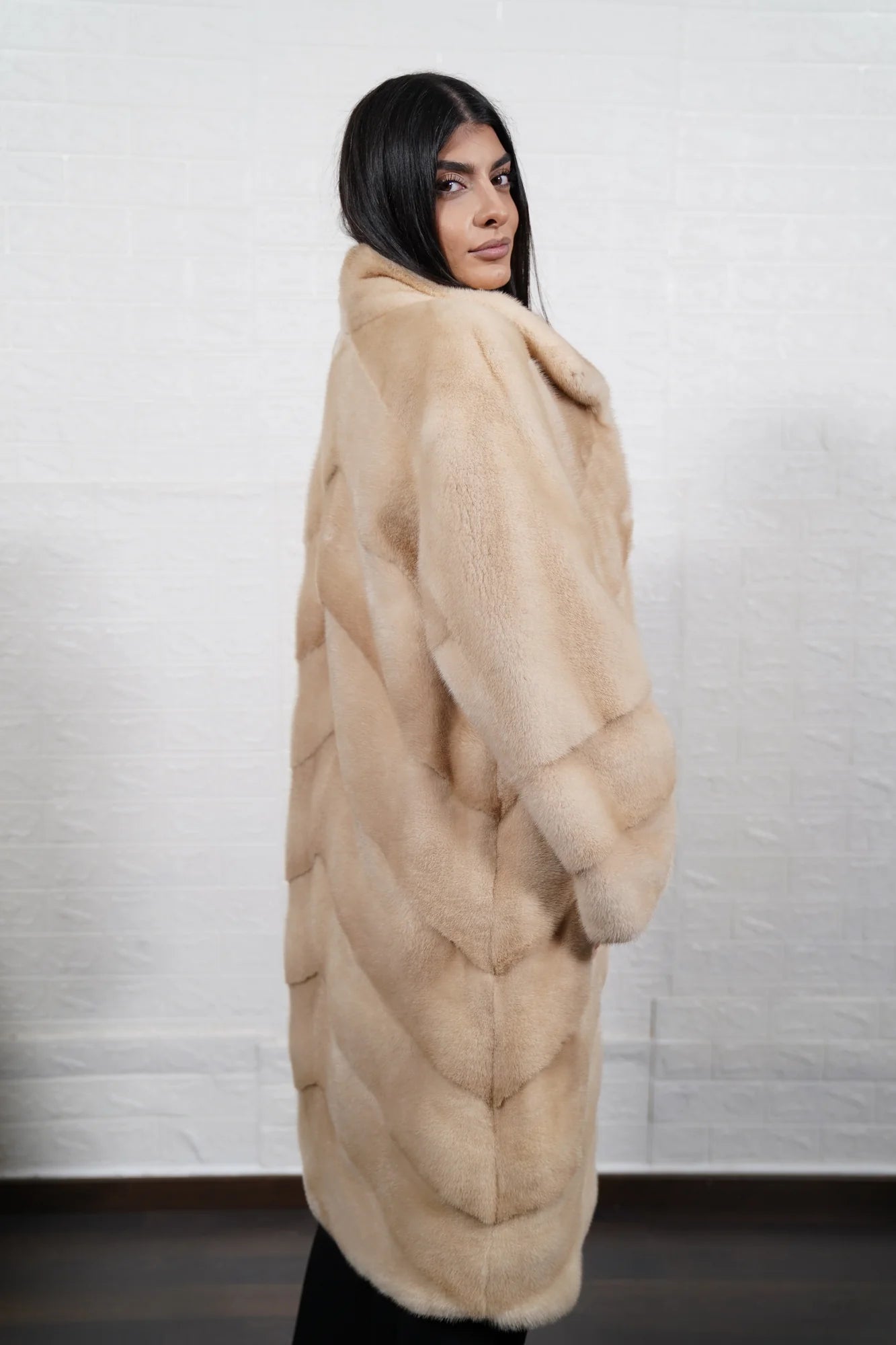 mink fur coat beige palomino — full front view, button closure collar to hem — Greek craftsmanship, TatiFurs
