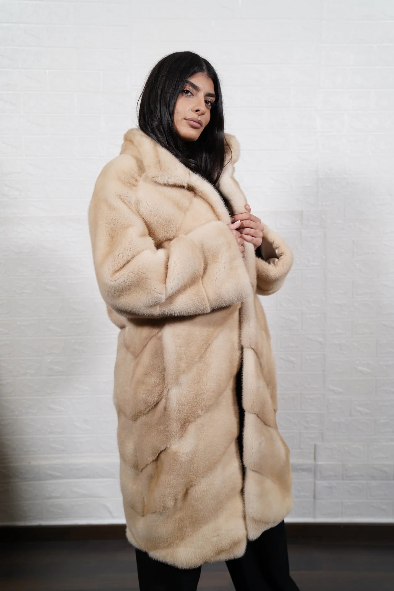 mink fur coat beige palomino — worn over cream silk blouse, warm tonal layering — Greek craftsmanship, TatiFurs
