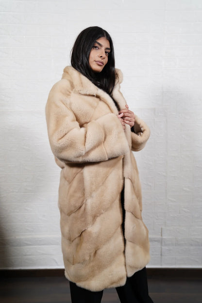 mink fur coat beige palomino — worn over cream silk blouse, warm tonal layering — Greek craftsmanship, TatiFurs
