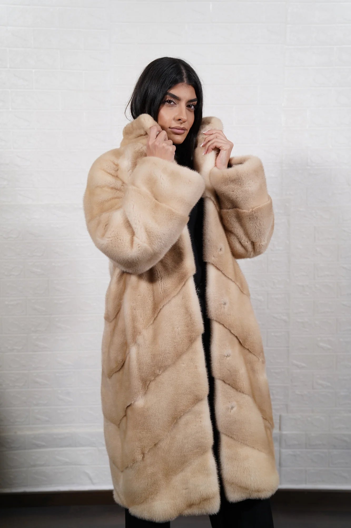 mink fur coat beige palomino — full skin horizontal construction, collared, long length, front view — Greek craftsmanship, TatiFurs
