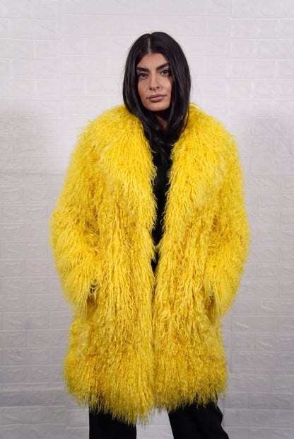 Mongolian coat yellow long curly wool sheepskin lapel collar mid-thigh women — front view, TatiFurs