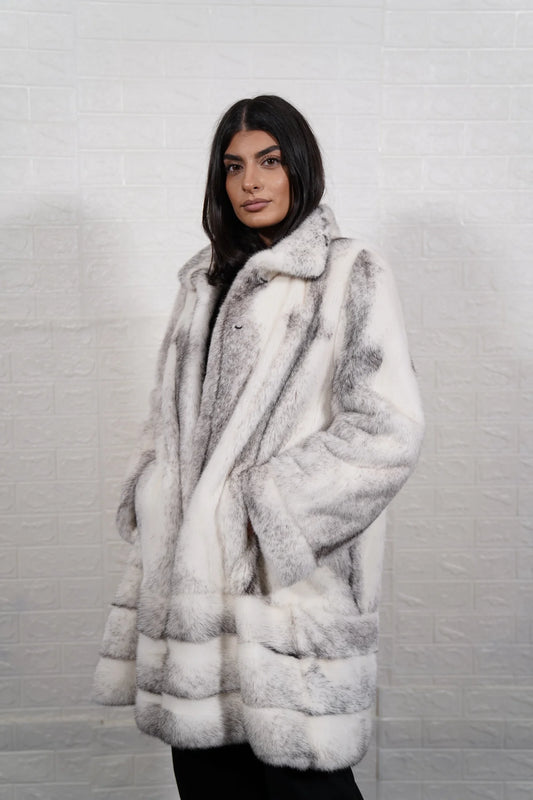mink fur coat black cross — black and white natural cross mink pattern, close-up surface detail — Greek craftsmanship, TatiFurs
