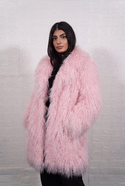 Mongolian coat pink women three-quarter front view displaying lapel collar and soft blush pink Mongolian wool sheepskin — Greek craftsmanship, TatiFurs