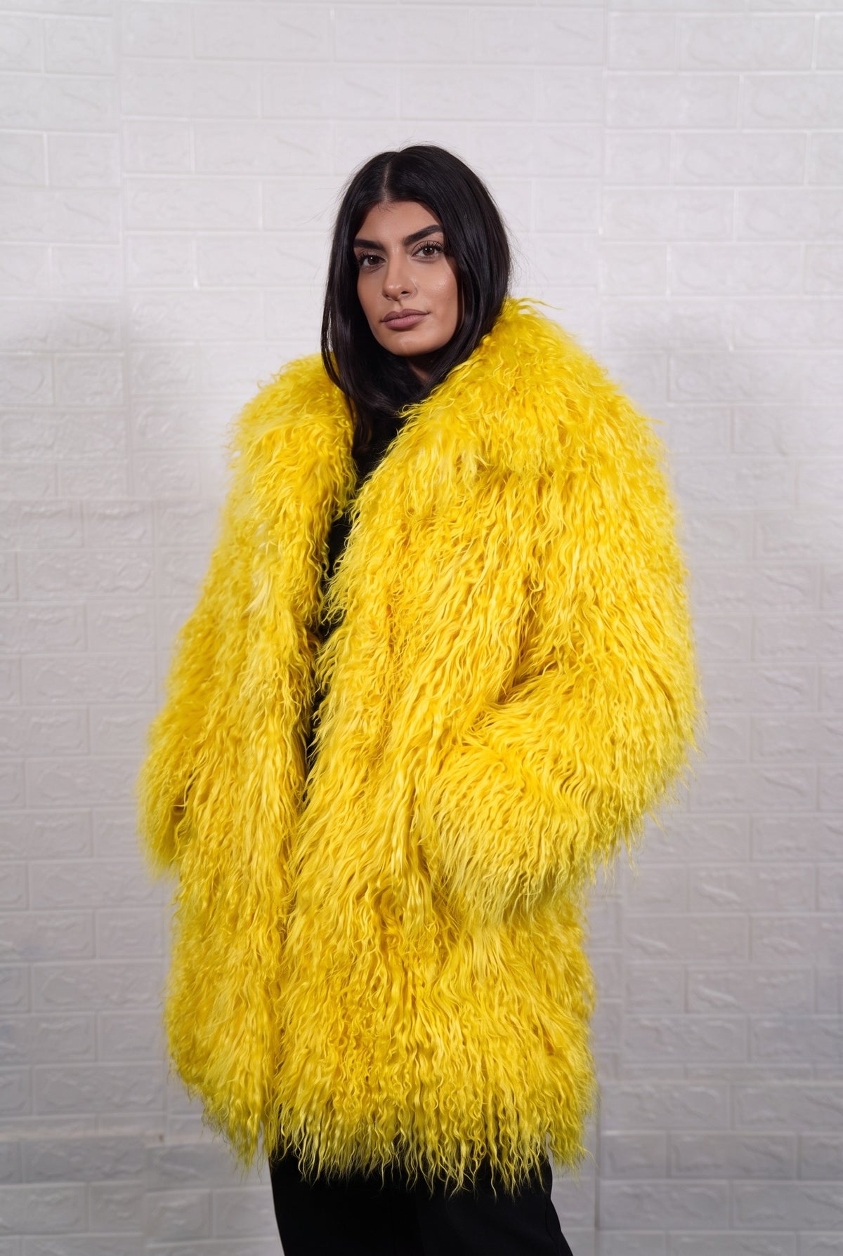 Mongolian coat yellow women three-quarter front view displaying lapel collar and bright sunshine yellow Mongolian wool sheepskin — Greek craftsmanship, TatiFurs