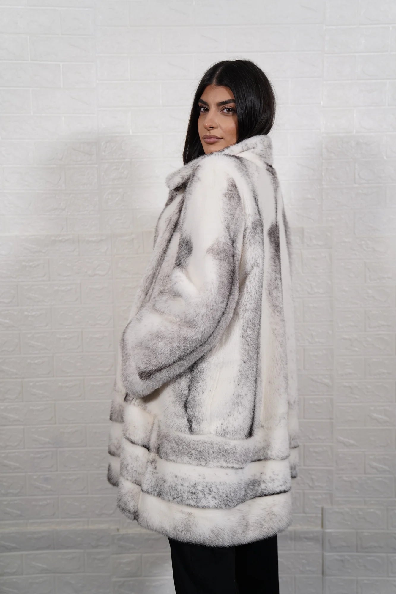 mink fur coat black cross — full front view, button closure collar to hem, bold natural pattern — Greek craftsmanship, TatiFurs
