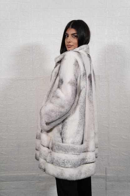 mink fur coat black cross — full front view, button closure collar to hem, bold natural pattern — Greek craftsmanship, TatiFurs
