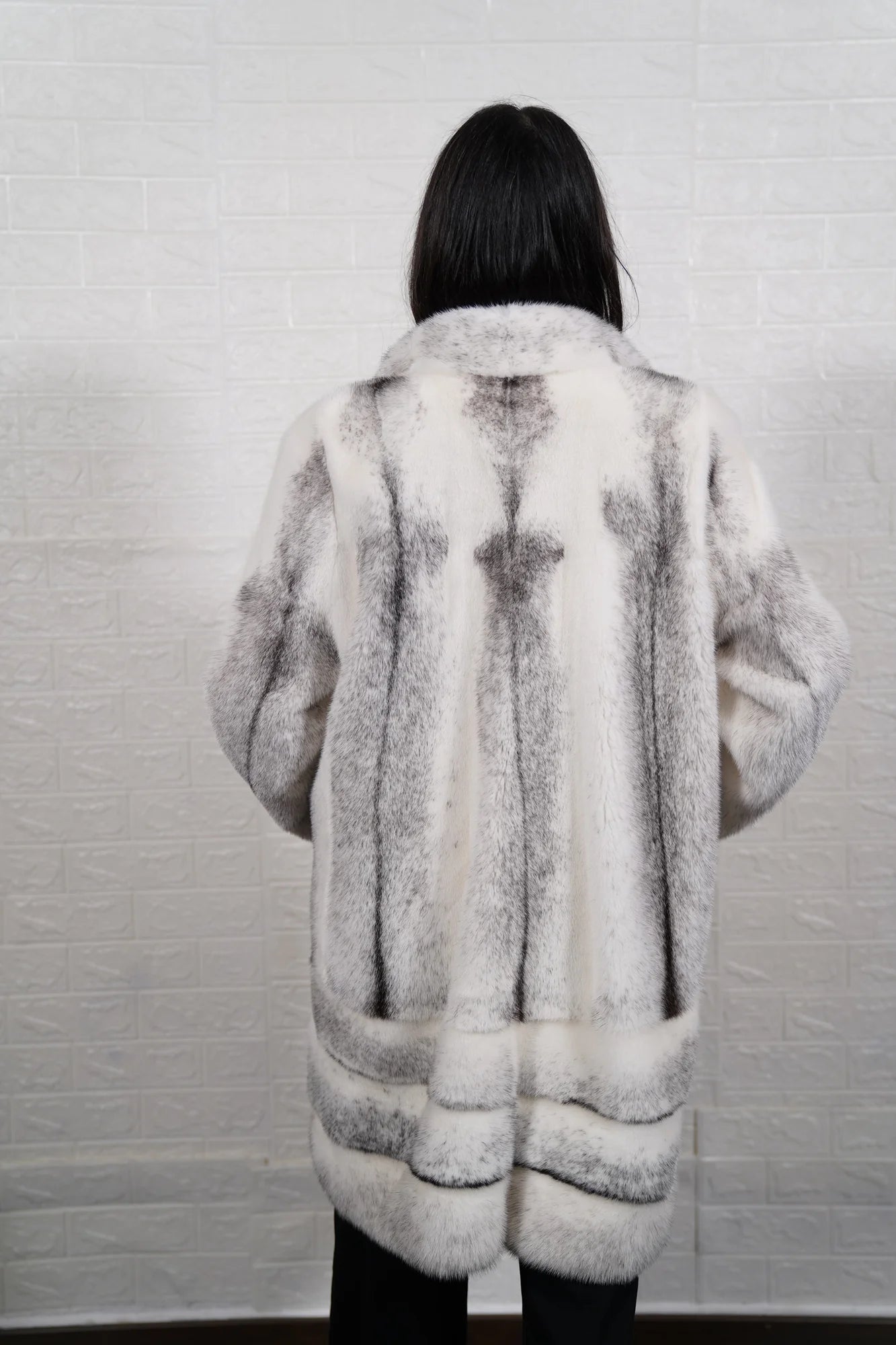 mink fur coat black cross — back view, long length, dual construction transition at hip — Greek craftsmanship, TatiFurs
