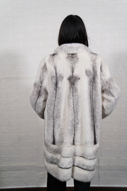 mink fur coat black cross — back view, long length, dual construction transition at hip — Greek craftsmanship, TatiFurs
