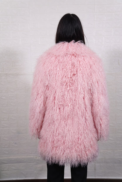 Mongolian coat pink shown from the back displaying full mid-thigh silhouette and consistent soft blush pink curly wool surface — Greek craftsmanship, TatiFurs