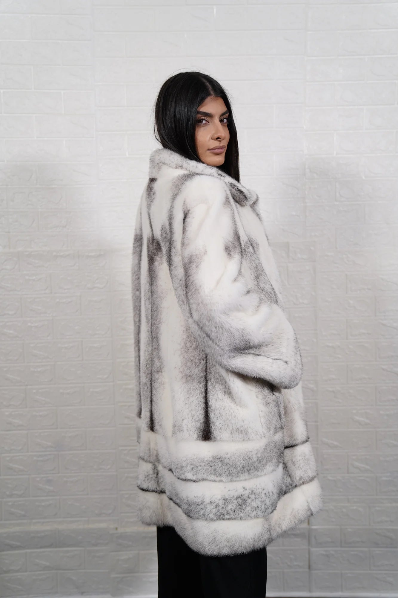 mink fur coat black cross — side profile, long length below knee, dual construction silhouette — Greek craftsmanship, TatiFurs

