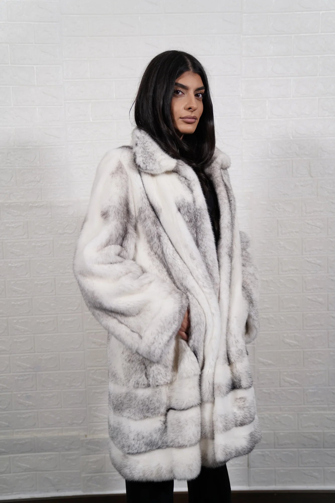 mink fur coat black cross — horizontal lower body construction, row definition hip to below knee — Greek craftsmanship, TatiFurs
