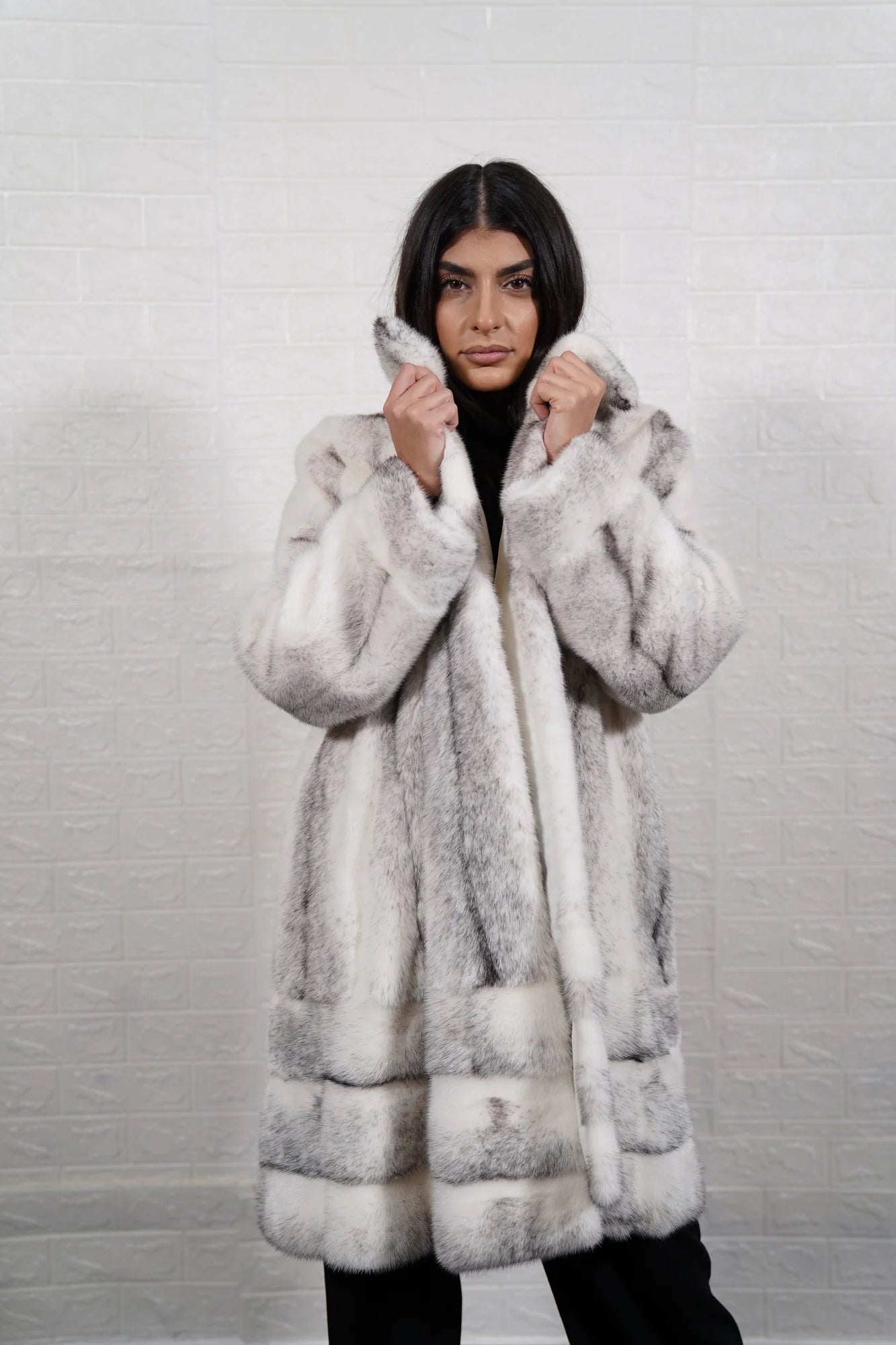 mink fur coat black cross — collar detail, matched black cross mink, graded pattern — Greek craftsmanship, TatiFurs
