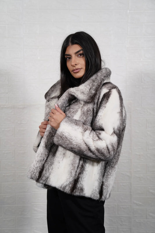 Mink fur jacket cross black white collar button closure hip level women — front view, TatiFurs
