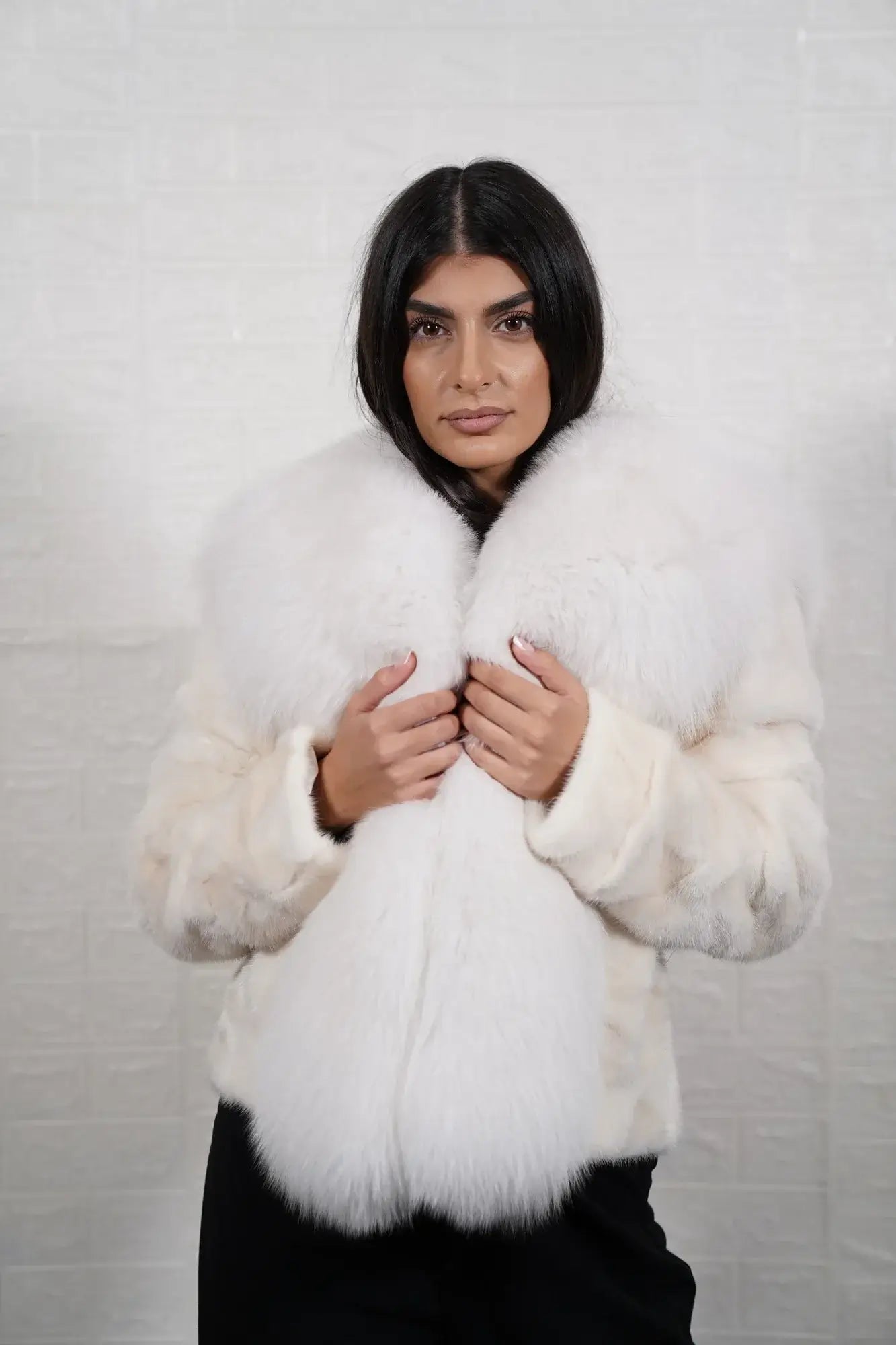 mink fur jacket white with fox — worn over white silk blouse, total luminosity — Greek craftsmanship, TatiFurs
