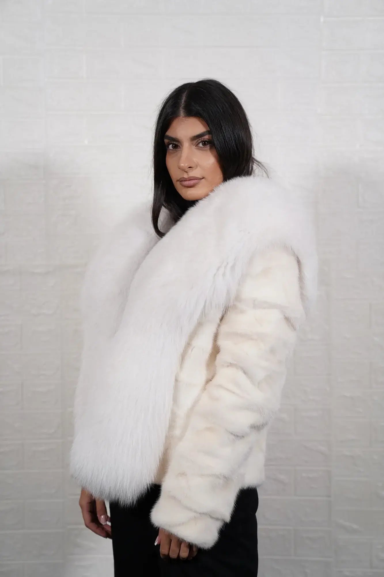mink fur jacket white with fox — full front view, fox panels open, white mink body luminous — Greek craftsmanship, TatiFurs
