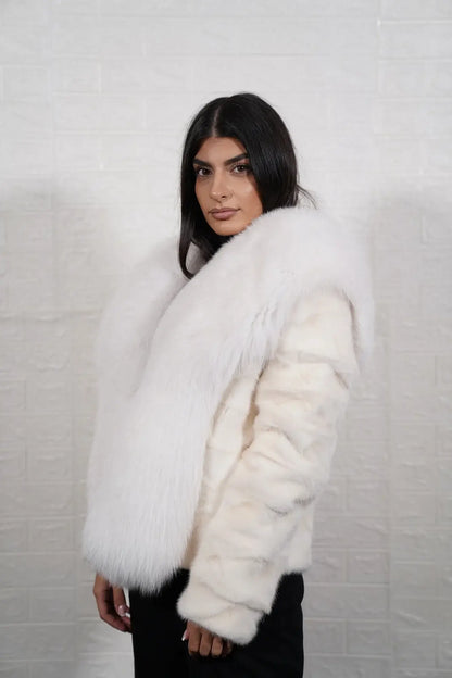 mink fur jacket white with fox — full front view, fox panels open, white mink body luminous — Greek craftsmanship, TatiFurs
